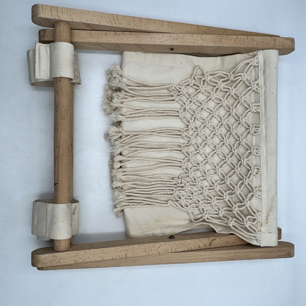 Vtg Boho Macrame Wood Magazine Rack Folding Storage Organizer Woven MCM Decor