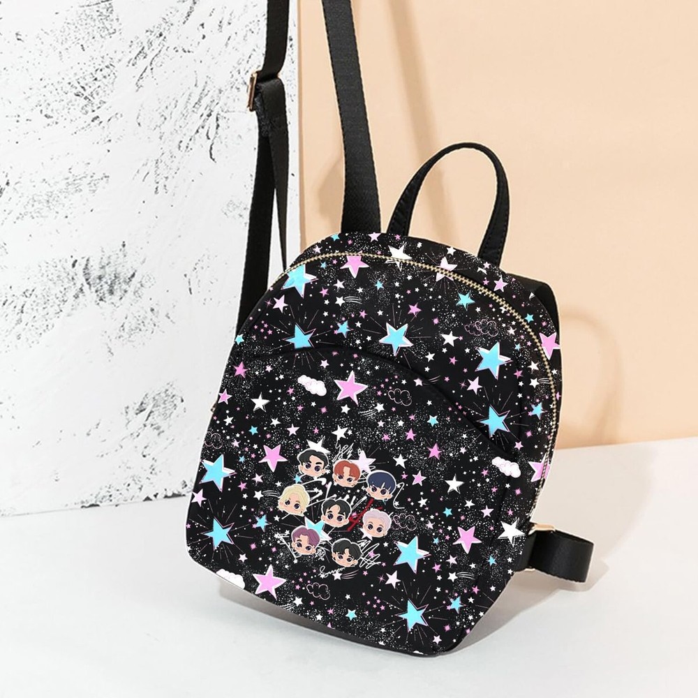 Glittery Stars and Clouds Printed Backpack with Adjustable Straps, Black, Pin...
