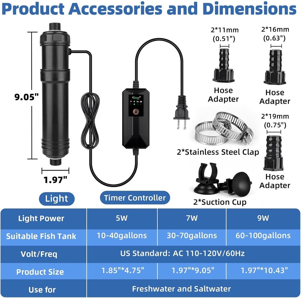 Compact U-V Light for Freshwater & Saltwater Aquariums - 7W with Timer & Shield