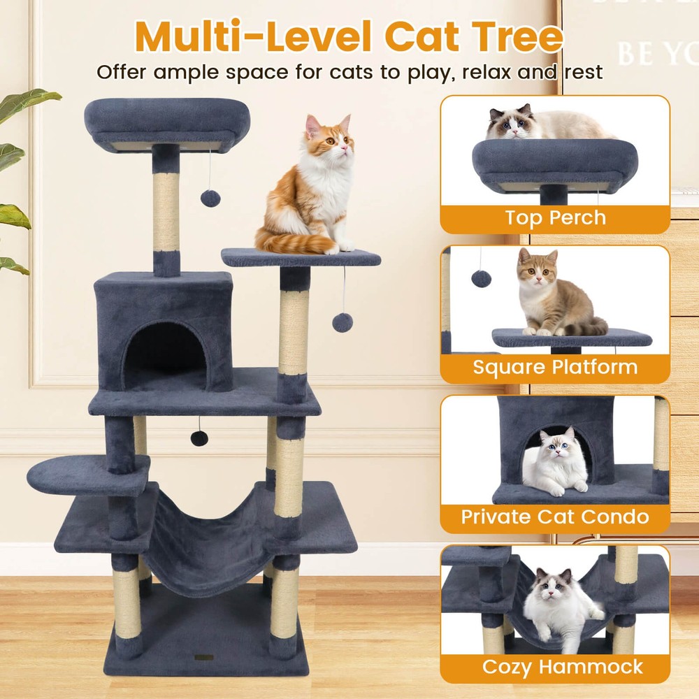 58” Tall Multi-level Cat Tree w/Upholstered Perch & Cat Condo, Comfy Hammock
