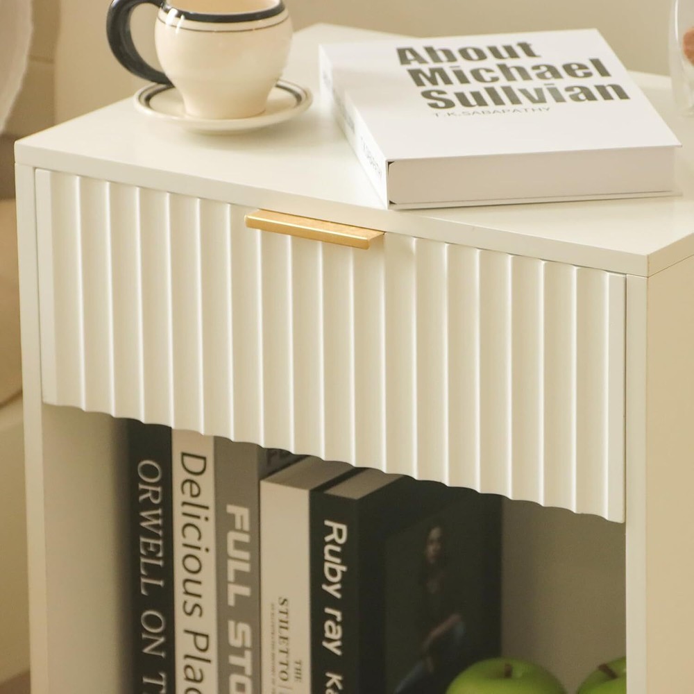 White Nightstand, Modern Bedside Table with Drawer and Opening Storage,