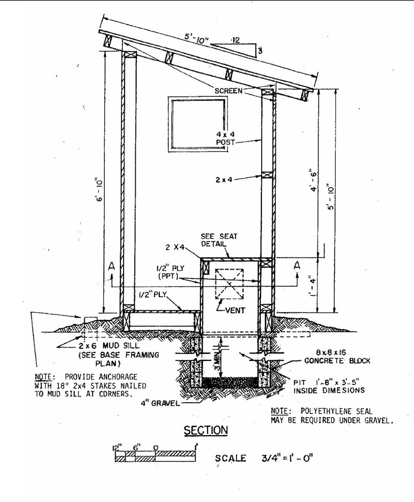 4x4’ Outhouse Wood Construction Plans - Floor Plan, Framing Plan, Section