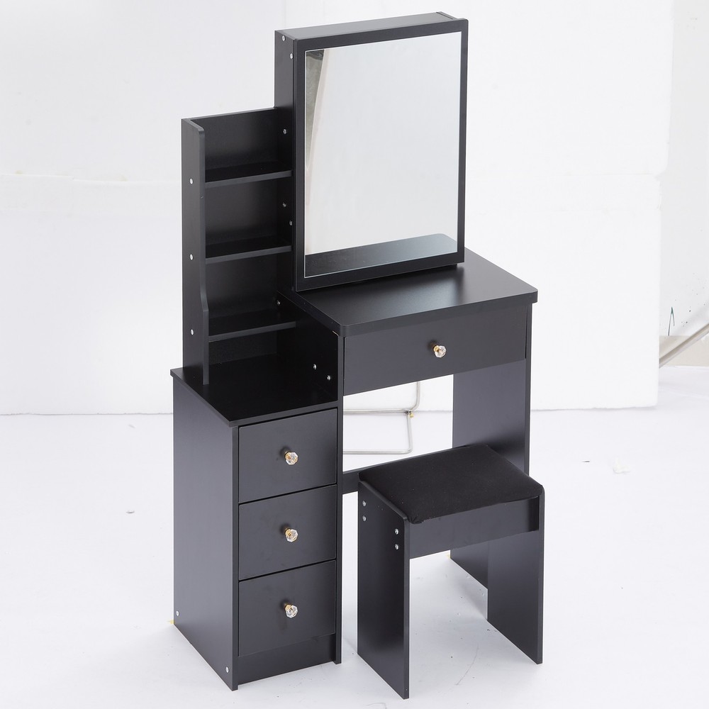 29.2" Small Space Left Bedside Cabinet Vanity Table + Cushioned Stool, Extra Lar