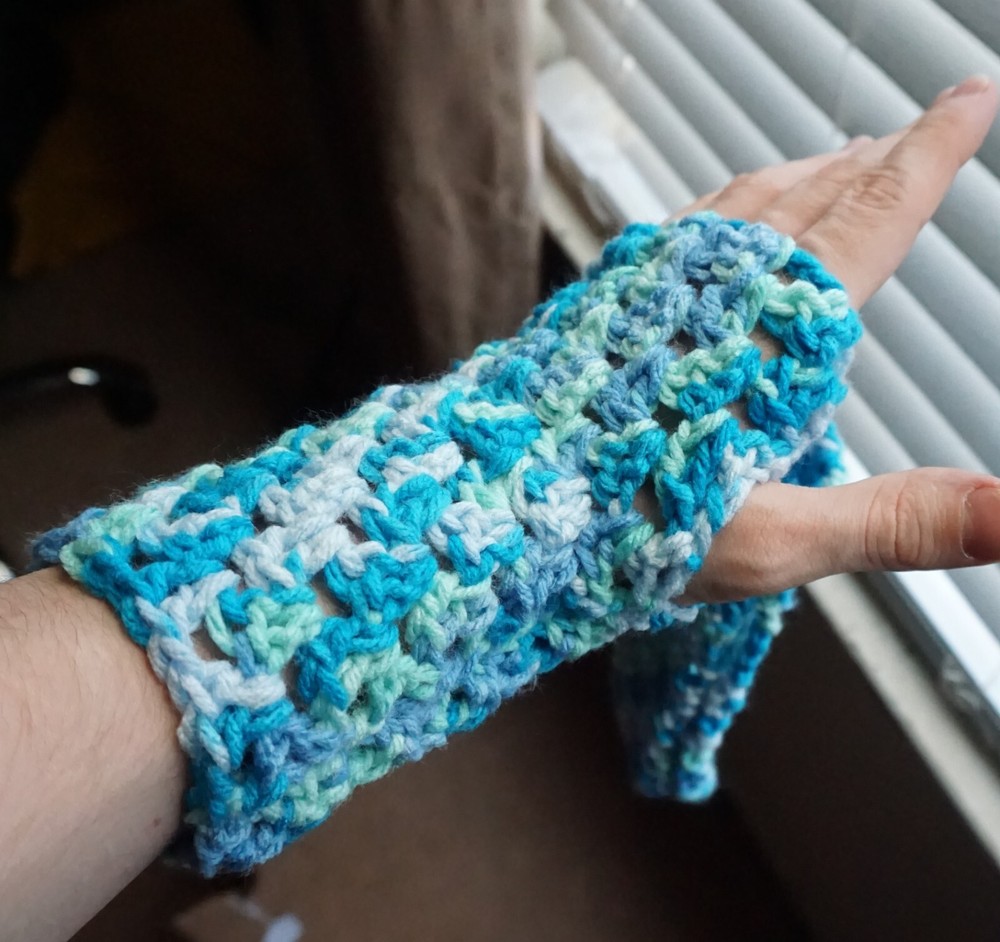 Crocheted Shallow Ocean Blue Fingerless Gloves 8"