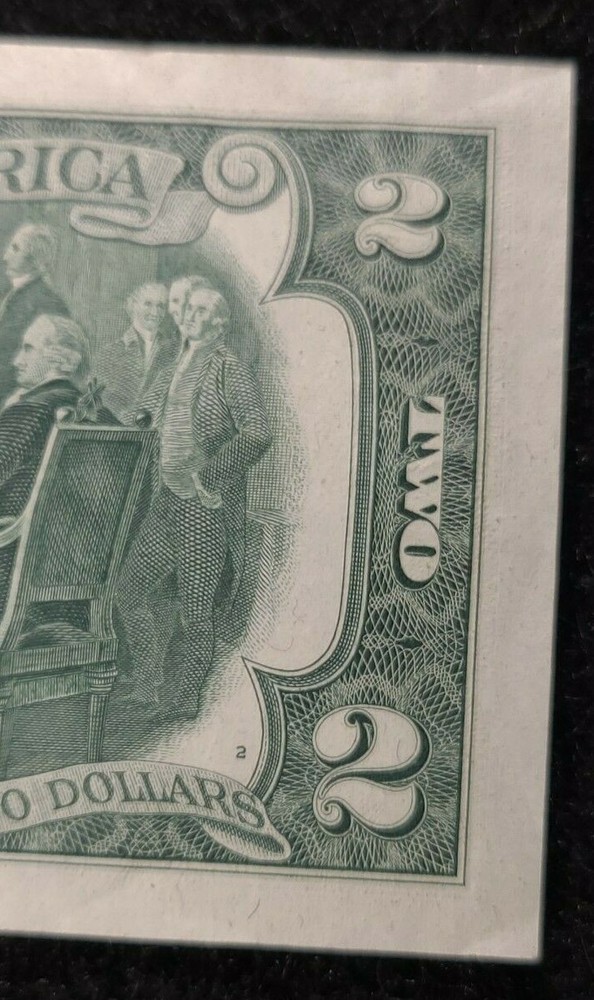 1976 $2 note alignment Shift over-inking error AU [almost uncirculated] folds