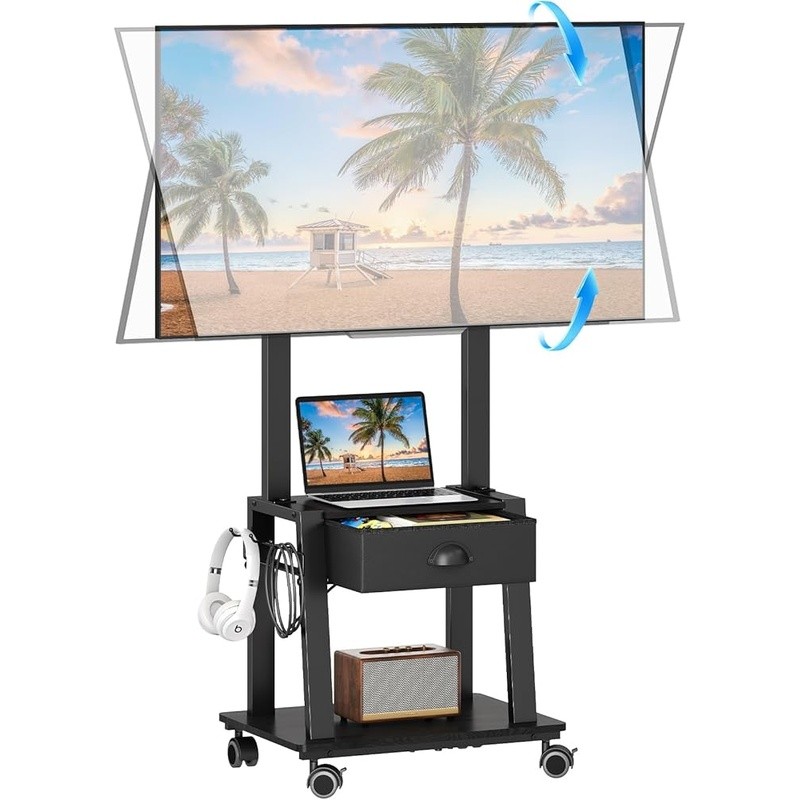 Rolling TV Cart W/ Adjustable Height 2 Layer Shelves Tilt Feature Mobile Stand
