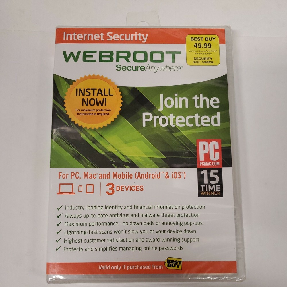 New Webroot SecureAnywhere Internet Security & Antivirus Windows & Mac 3 Devices