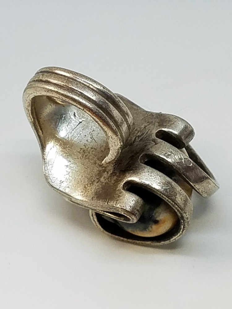 Vintage Fork Ring Large Stone Artisan Silver Tone Size 7