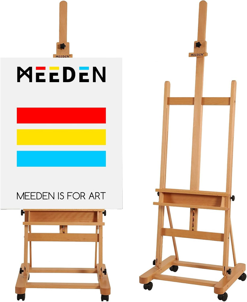 Large Studio H-Frame Beech Wood Artist Easel - Adjustable Movable Tilting Easel,