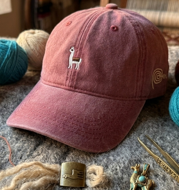 Peruvian Llama Embroidered Cap-Rustic Pink Cotton Hat – Adjustable Strap