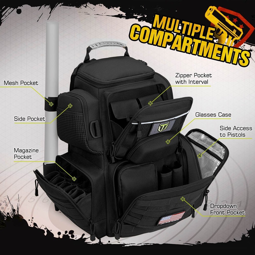 Tactical Range Backpack Removable Divider 4 Pistol Case Hard Glasses TIDEWE