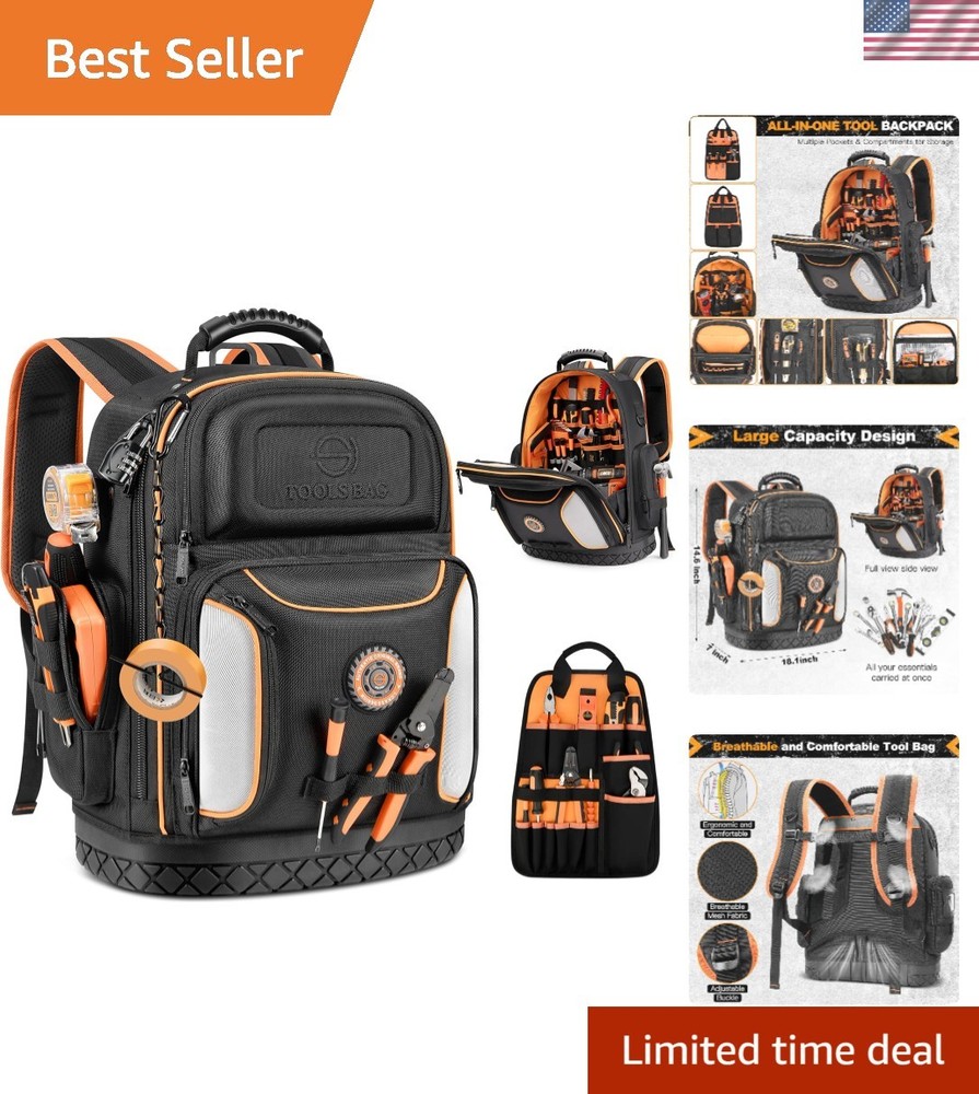 Professional Tool Backpack with 75 Pockets & Pull-Out Storage - Black & Orange