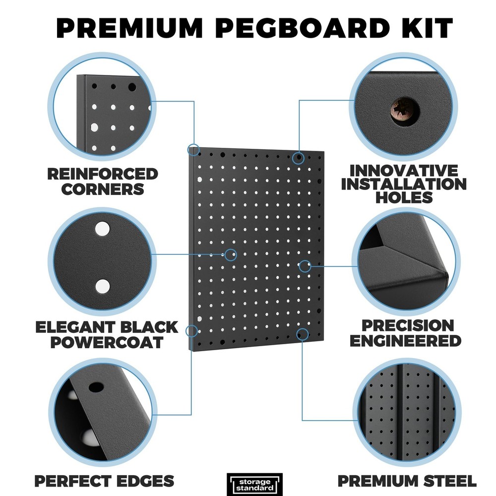 Heavy Duty 4-Panel Pegboard Wall Organizer & 32 Peg Hooks - Four Black Metal ...