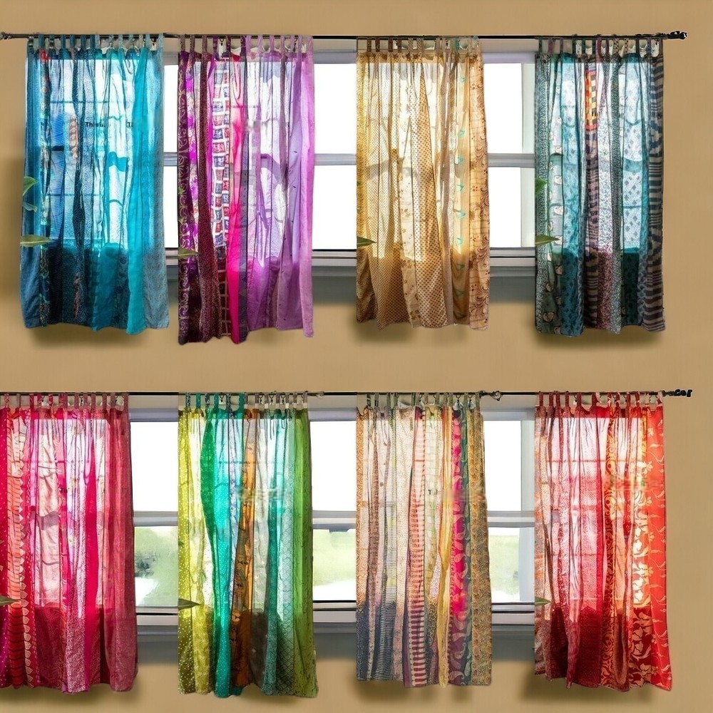Indian Sari Patchwork Curtain Drape Handmade Window Decor Silk Sari Boho Curtain