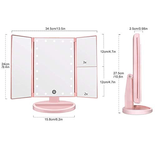 Tri-fold Lighted Vanity Makeup Mirror with 3x/2x Magnification,21 LED Pink