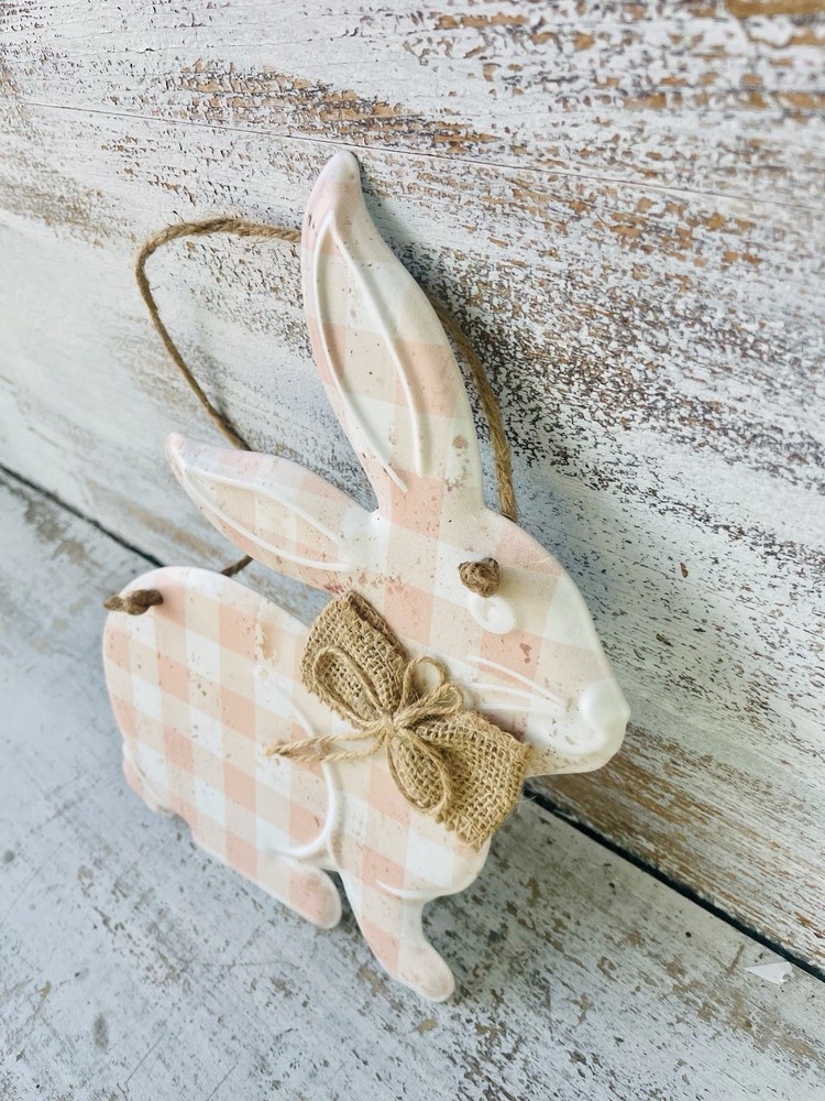 Spring Peach Gingham Hanging Metal Bunny