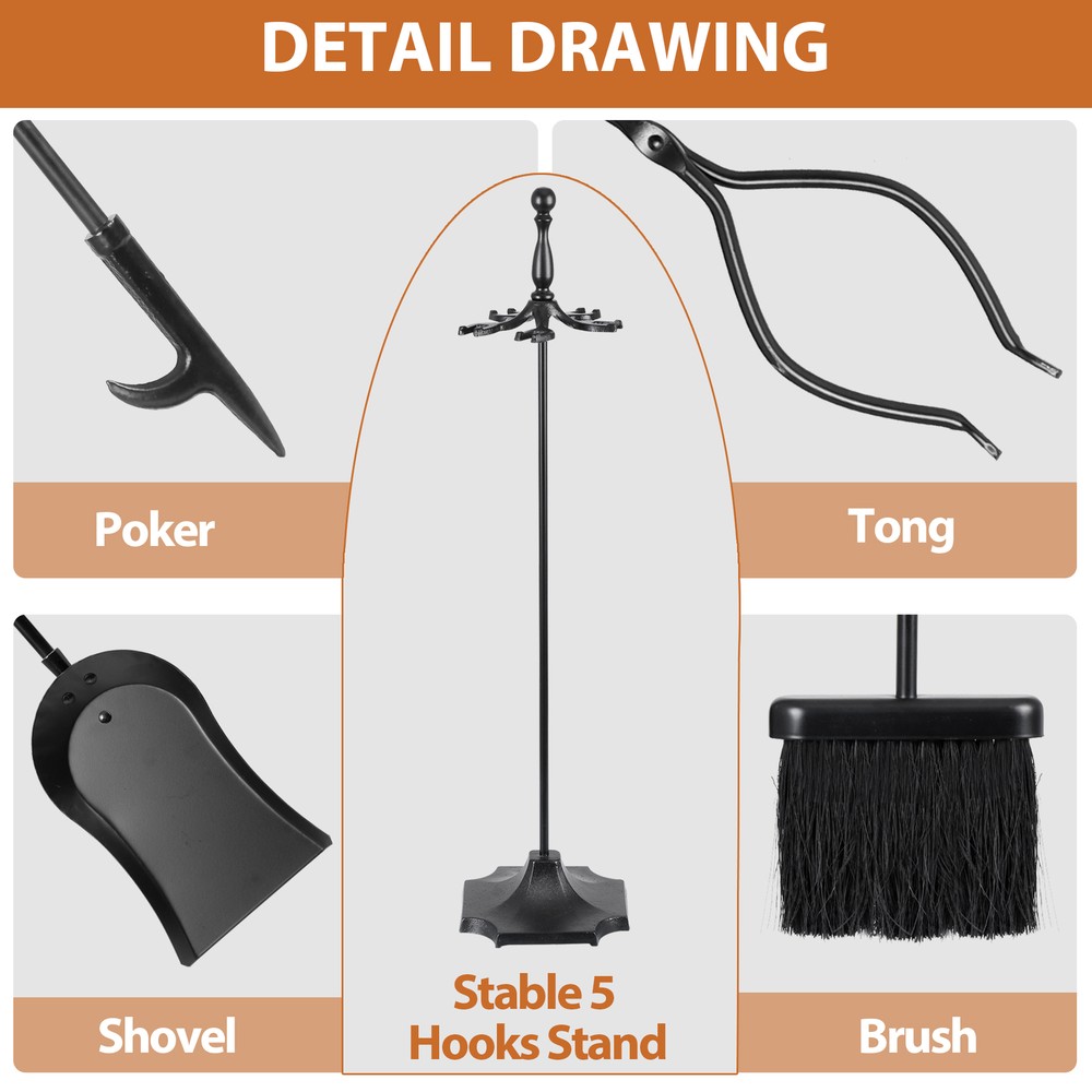 Fireplace Tools Set 5PCS 30.7"H Wrought Iron Fireside Large Fire Place Tool Sets