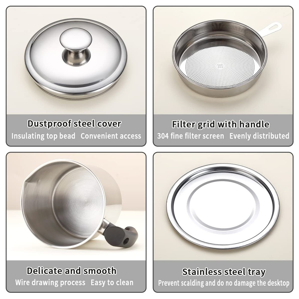 Kyraton Bacon Grease Container With Strainer, 48 oz 1. Silver, Silver