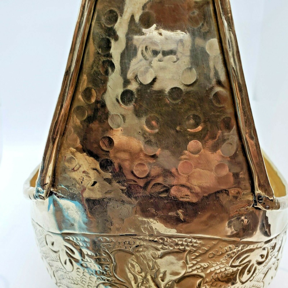 Large Repousse Solid Brass Basket Decorative Stationary Handle India Hammered