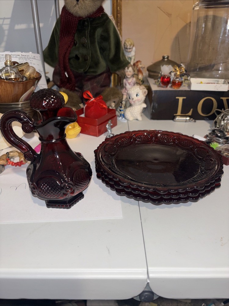 vintage Avon 1876 Cape Cod Collection ruby red glass cruet set 1 Cruet 3 Plates
