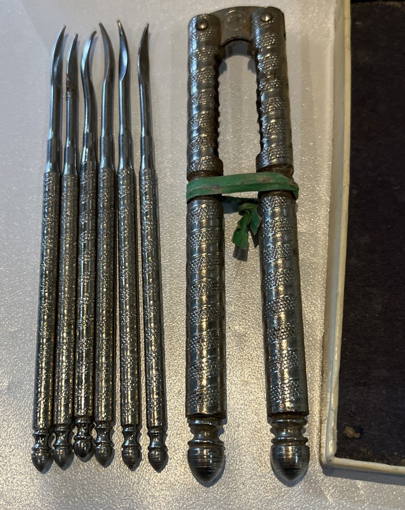 VTG HMQ Nutcracker Set In Original Box, Silver Tone, 6 Picks + Nutcracker