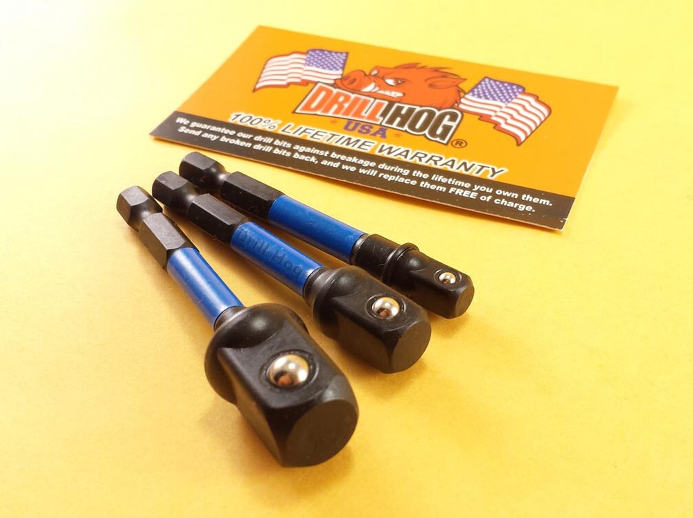 Drill Hog® Socket Adapter Set Hex Shank 1/4", 3/8", 1/2", Impact Driver M7 Blue