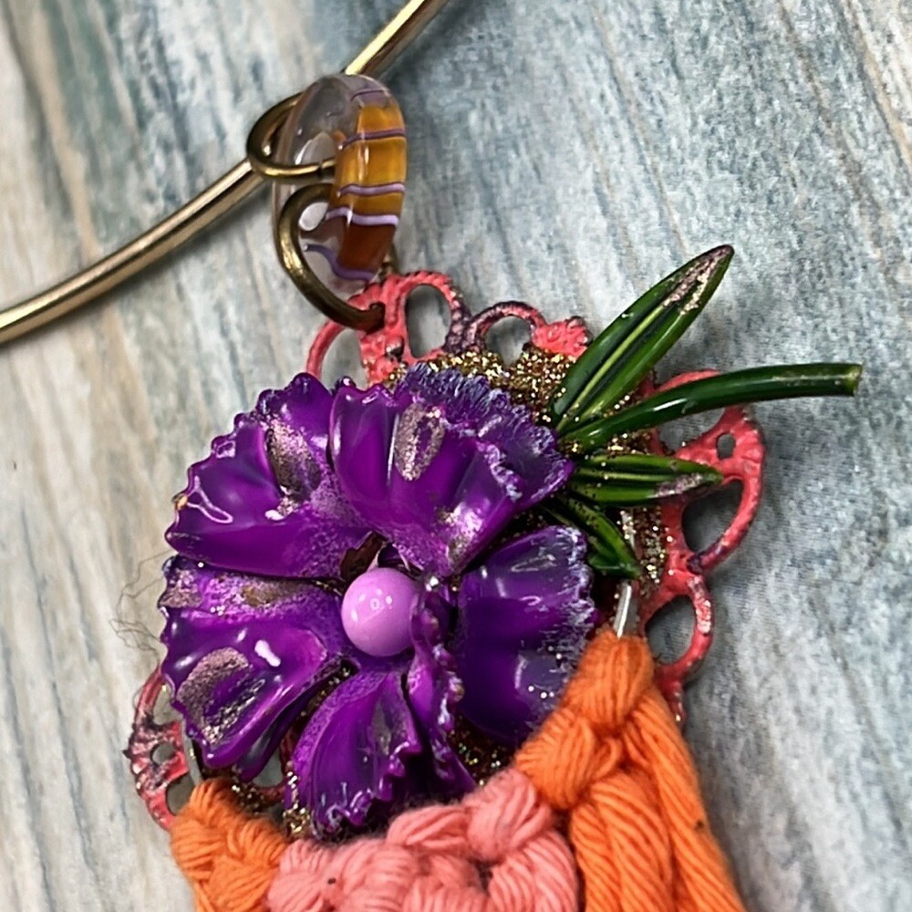 Adorned Crown Artisan Assemblage macramé enamel flower collar necklace
