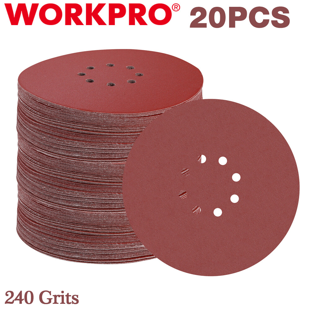 WORKPRO 20PCS 9" 8 Hole Hook-and-Loop Sandpaper Abrasive Sanding Discs 240 Grits