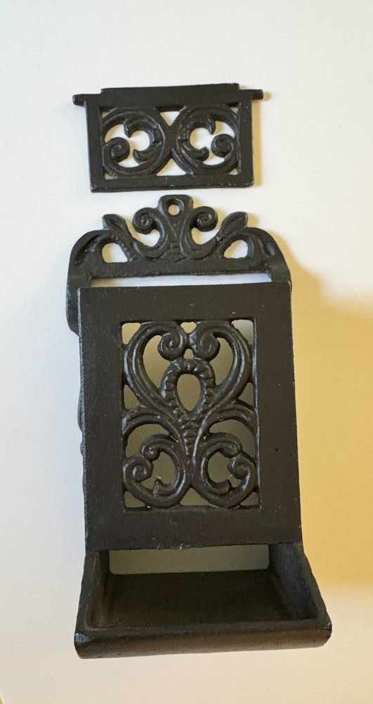 Vintage Blk Cast Iron Matchbox Holder & Lid Wall Mount Side Striker Scroll Deco