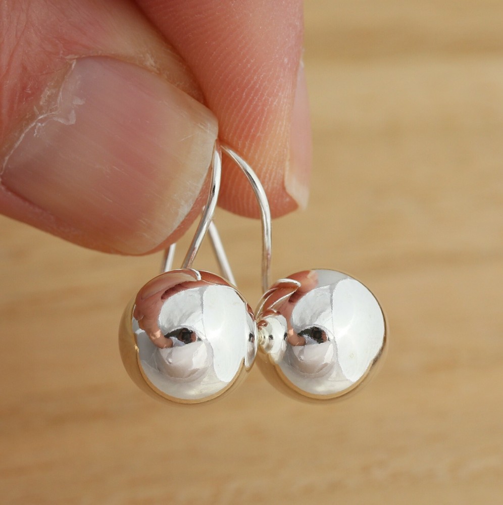 925 Sterling Silver Plain 12mm Ball Dangle Drop Earrings Gift Boxed