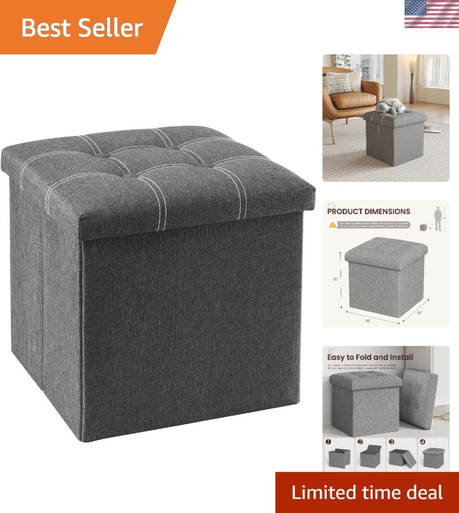 15 inches Storage Ottoman Cube, Foldable Storage Boxes, Padded Seat for Dorm ...