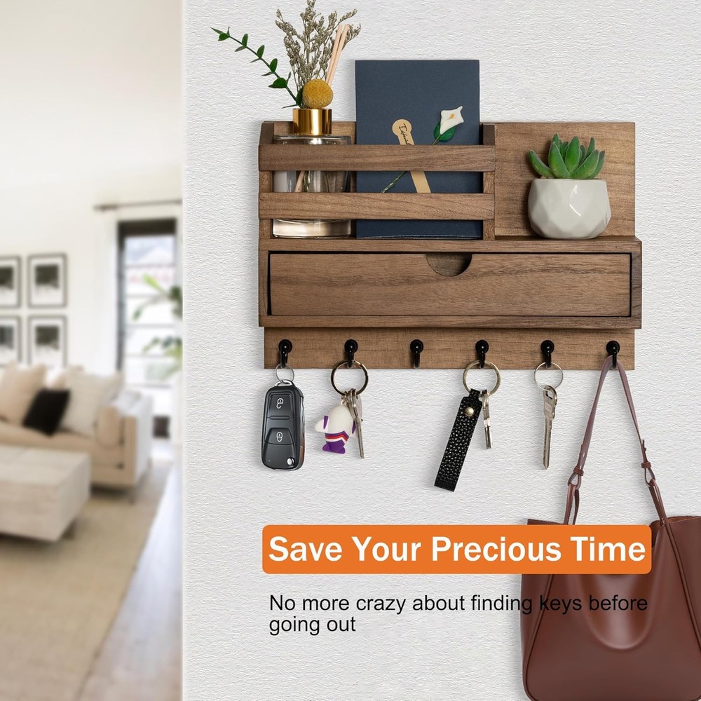 Key and Mail Holder for Wall, Mail Organizer Wall Mount with 6 Hooks and Storage