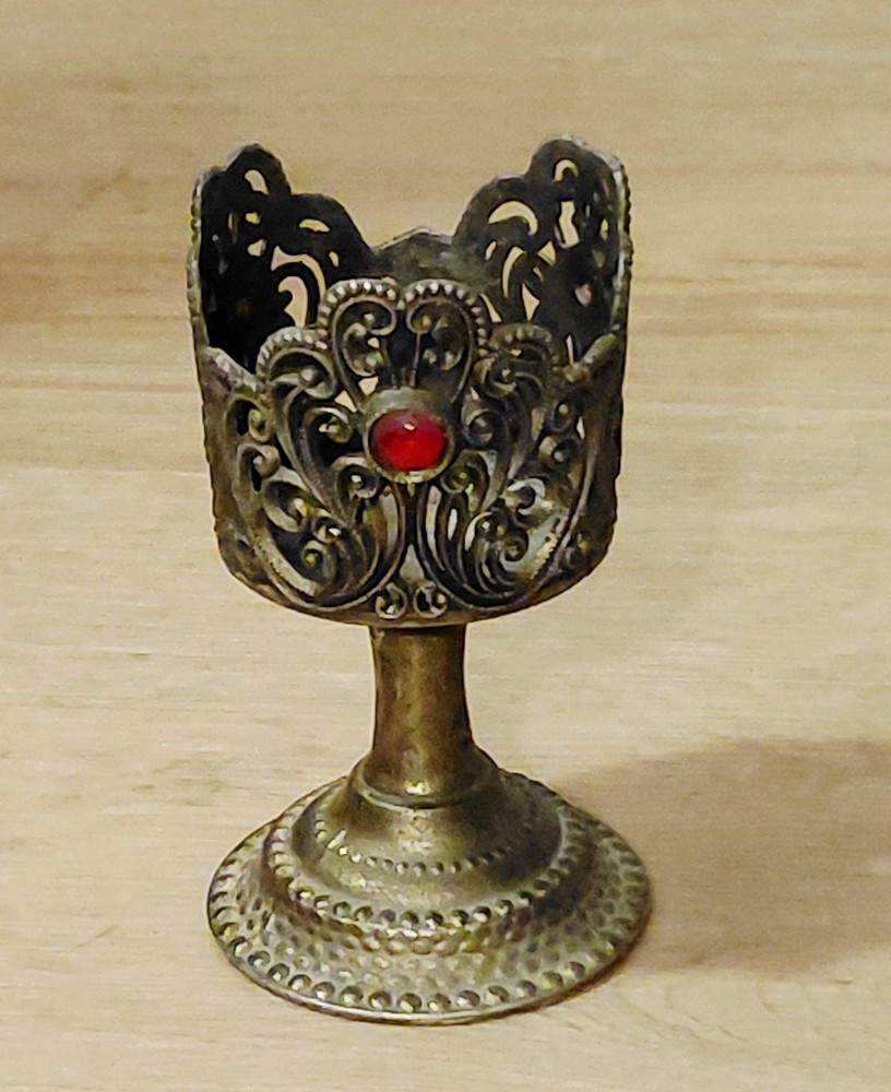 Vintage Brass Kiddish Cup Holder Red Stones 4in