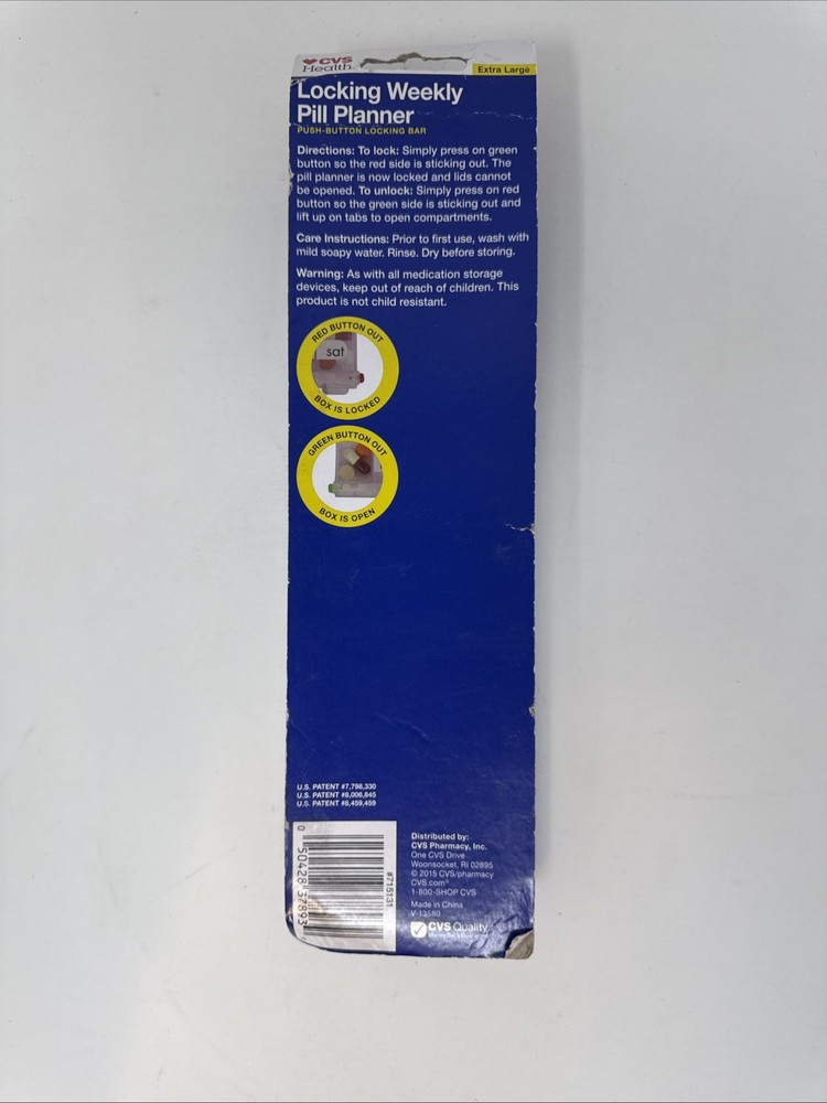 Locking Weekly Pill Planner, (Ex Large) Push Button Locking Bar