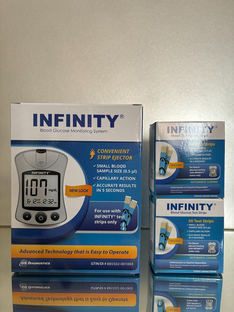 INFINITY Blood Glucose Test Strips 100 Qty PLUS METER.  Exp 08/2027.