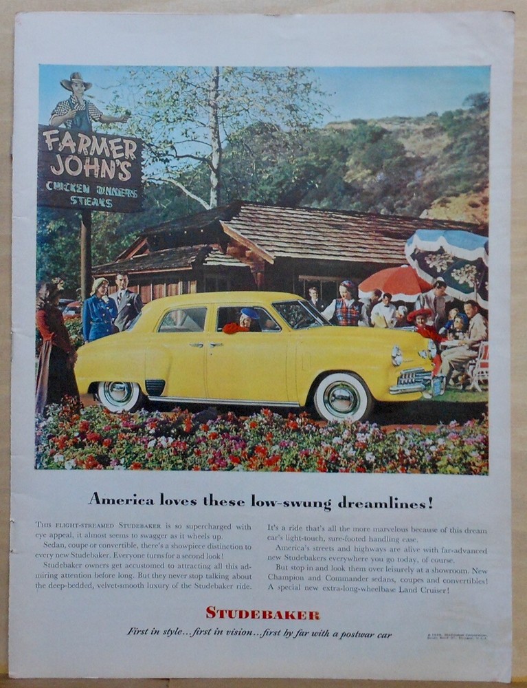 1948 magazine ad for Studebaker - yellow Studebaker at Farmer Johns