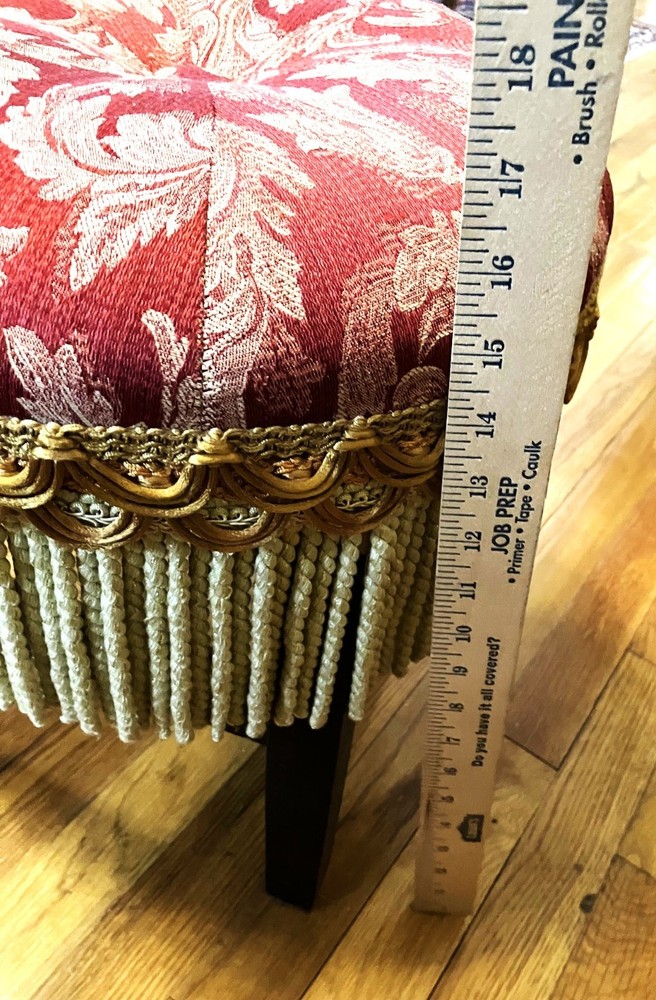 Upholstered Stool Red Damask Pattern Gold Fringe Sturdy Hollywood Regency 16" H