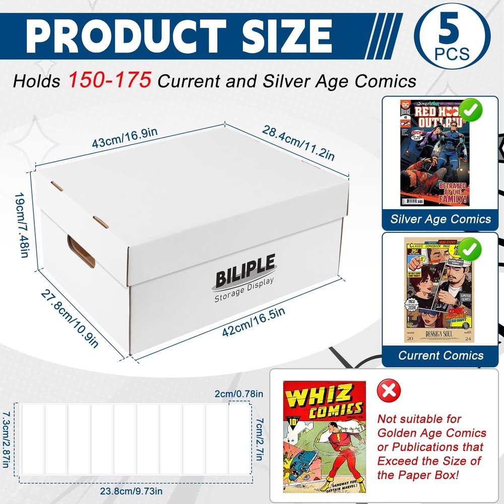 5 Pack Comic Book Storage Box, 15.8" X 7.2" X 10.7" Thick Cardboard Comic Long B