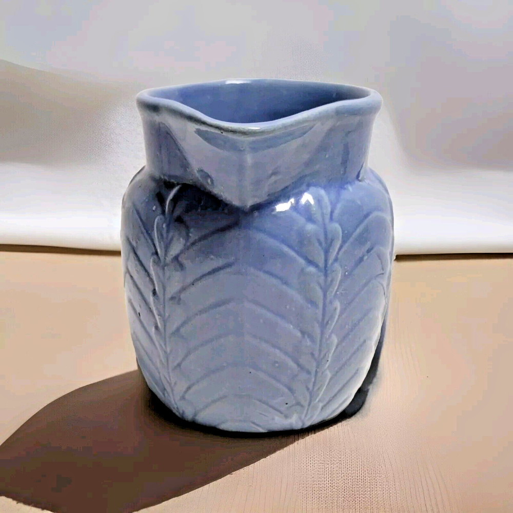 Blue Stoneware Arc Leaf Pattern Milk Pitcher Vintage Excellent Cond.
