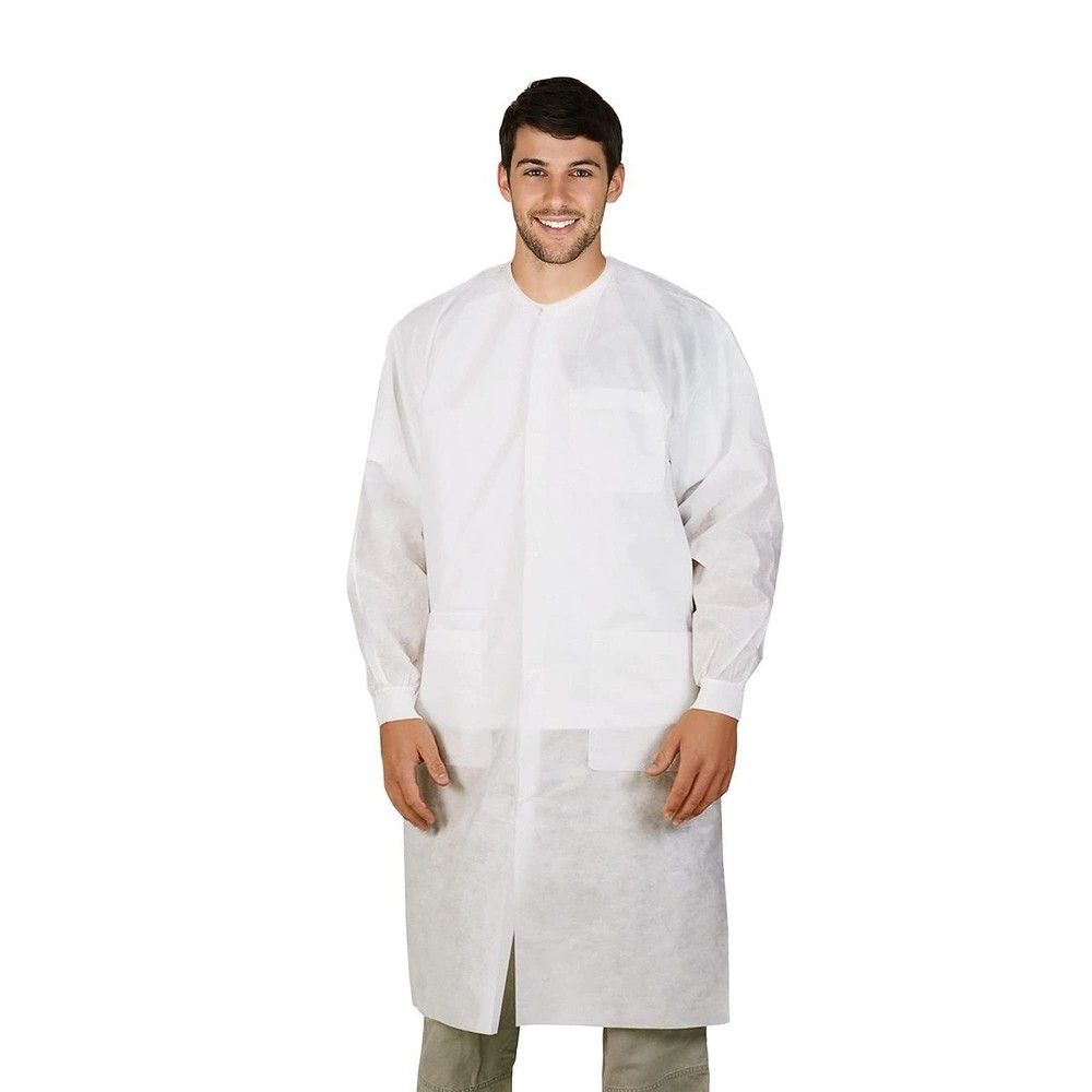 White Disposable Lab Coats SPP 45 GSM Snap Front 3 Pockets 10 Pack Medium