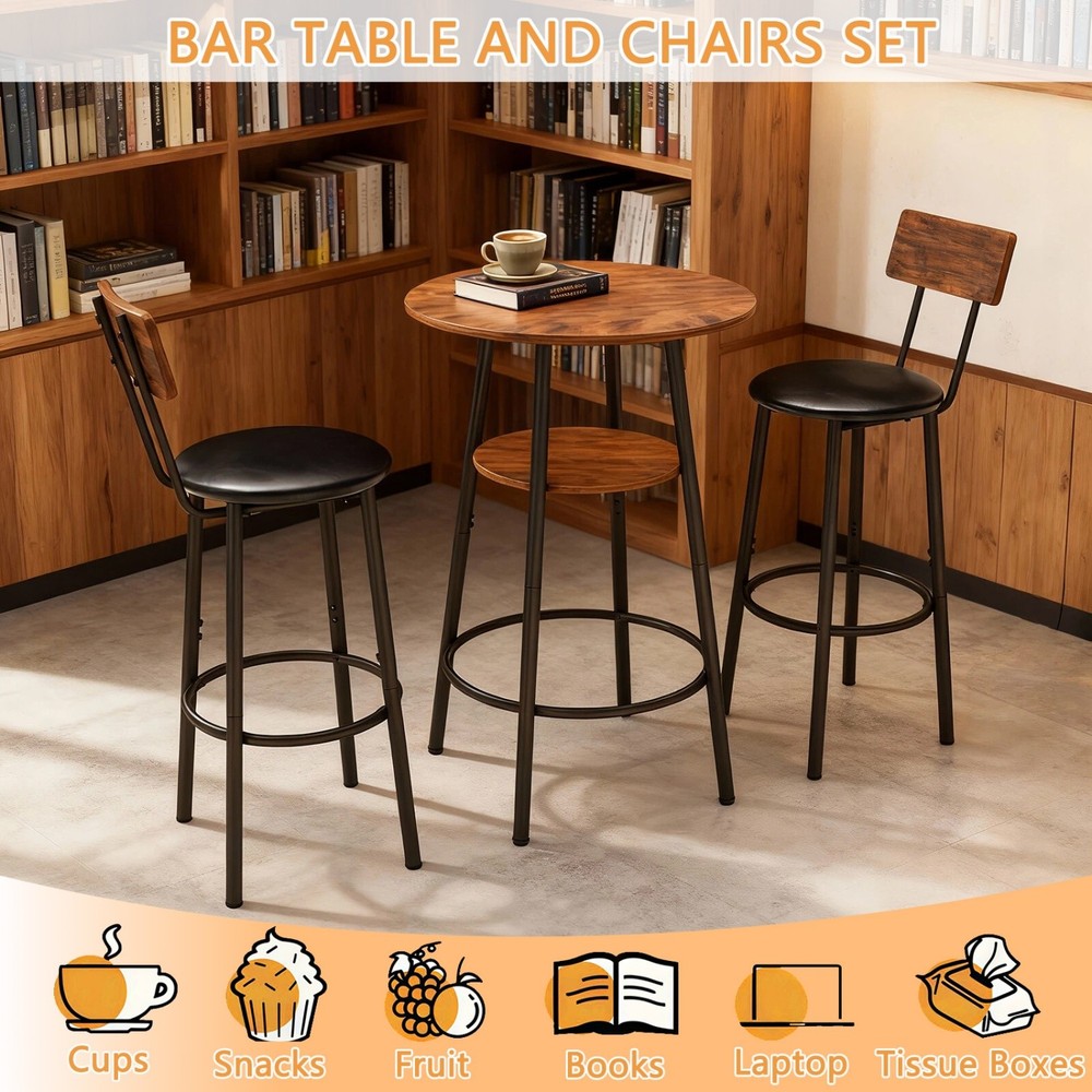 3 Piece Bar Table Set Round Counter Height Table w/ 2 PU Upholstered Bar Stools