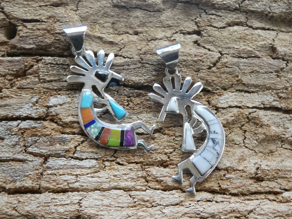 TWO Sided BuffaloTurquoise Multi Gemstone Kokopelli Sterling Silver Pendant AE90