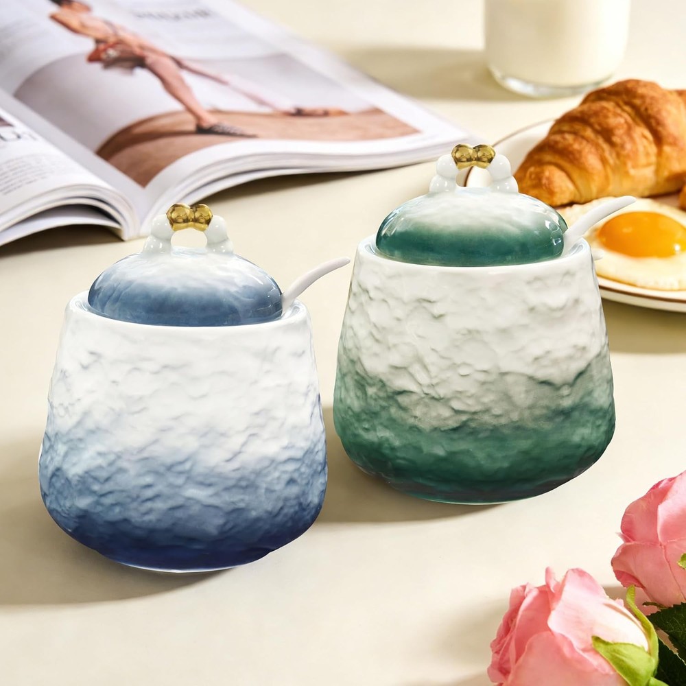 Ceramic Sugar Bowl with Lid Spoon 12oz Gradient Texture Decorative Serving