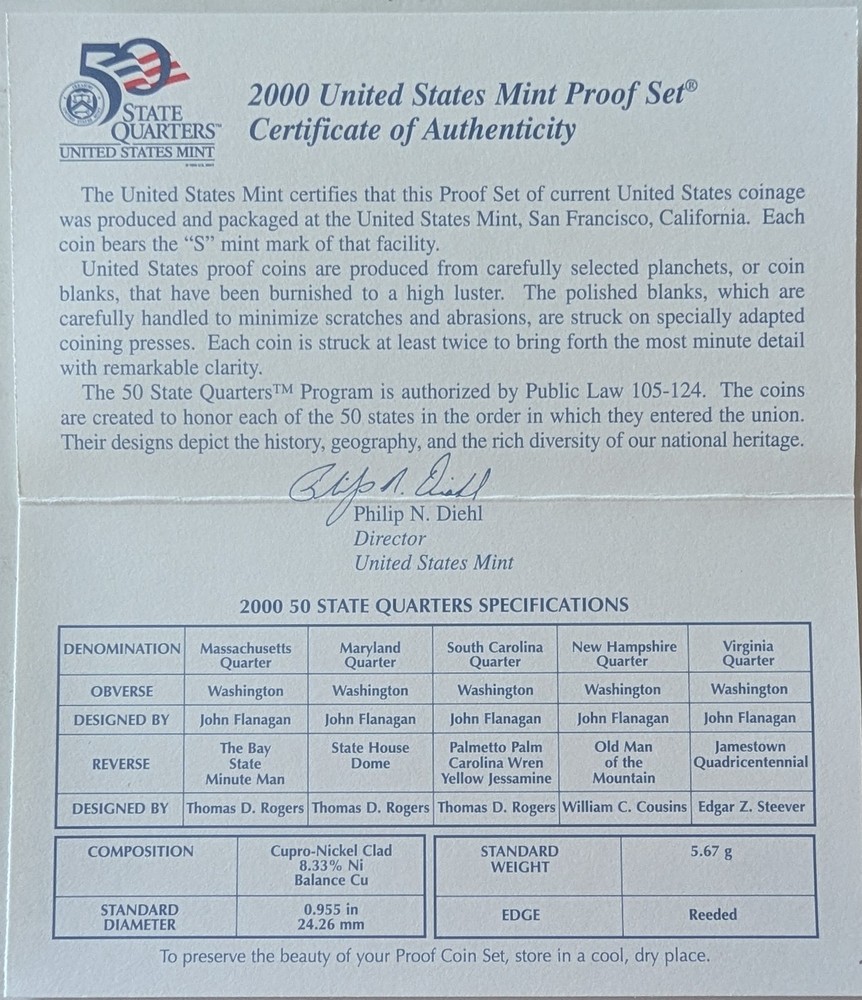 2000 Clad Proof Set U.S. Mint Original Government Packaging OGP COA