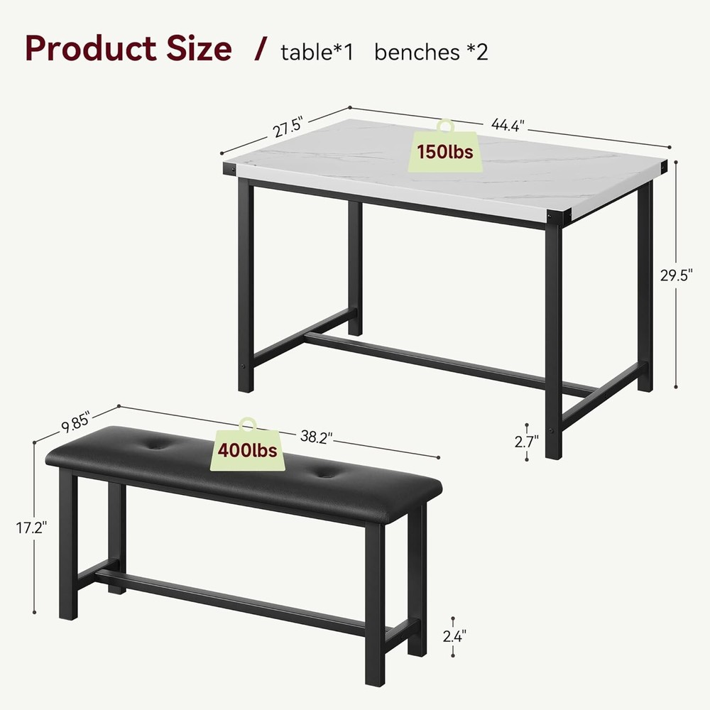 Dining Table Set for 4, Kitchen Table with 2 Upholstered Benches Apartment
