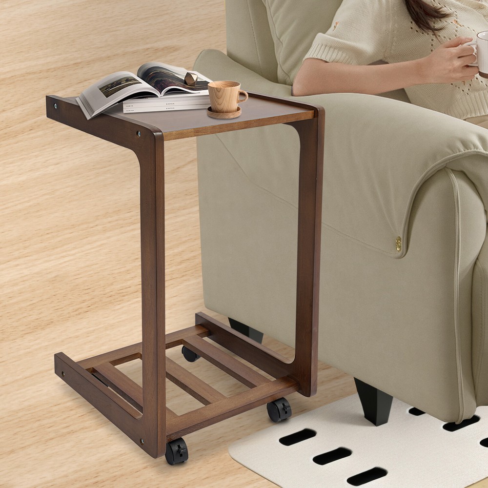 Modern C-shaped Rubber Wood End Table Small Side Table End Table with Wheels