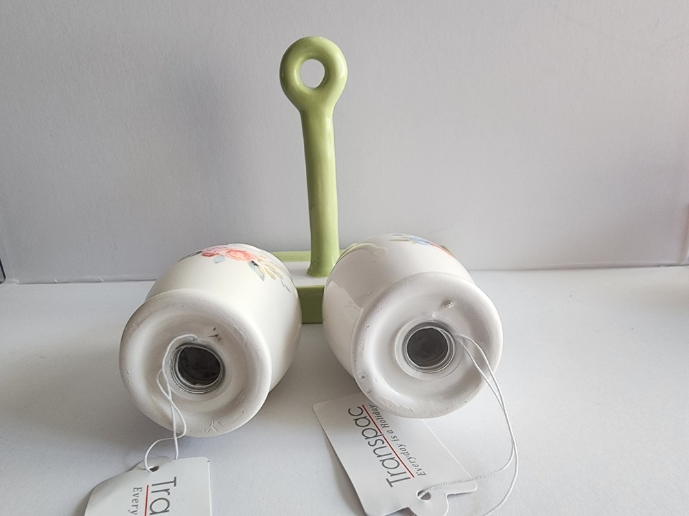 Transpac Ceramic Salt & Pepper Shakers Floral Pattern White Green Multicolor Set
