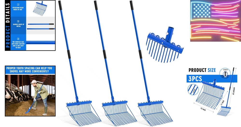 3 Sets Metal Manure Fork with Long Metal Handle Pitch Fork Manure Rake Heavy ...