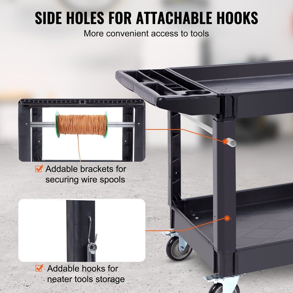 Durable 2-Tier Plastic Cart 550lb Capacity Ergonomic Handle & Storage