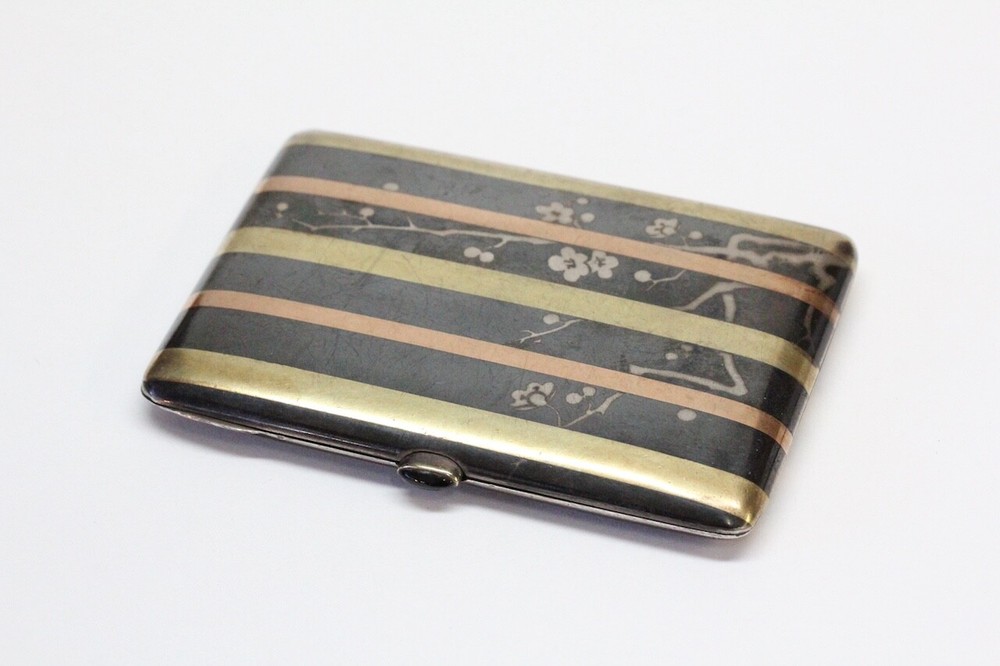 Vintage DAMASCENE Solid Silver Cigarette Case - Dogwood Trees - European Marks